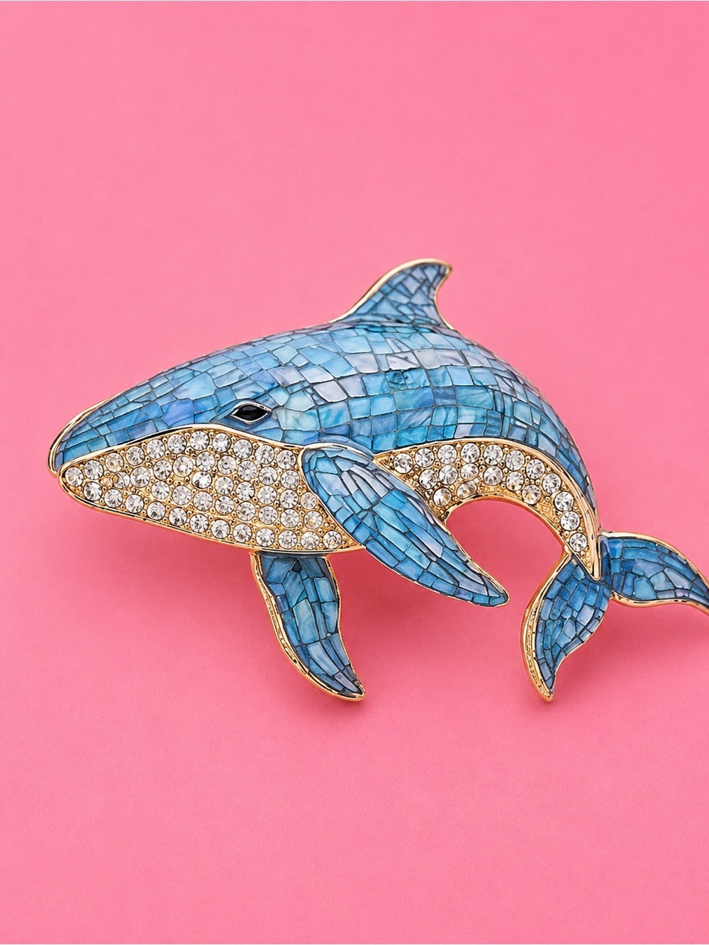 Blue Mosaic Whale Pin Brooch with Rhinestones
